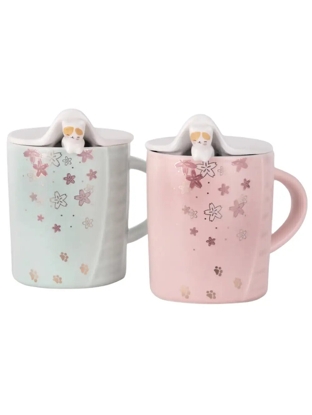 Sakura Cat Coffee Mugs with Lid & Spoon (12oz)